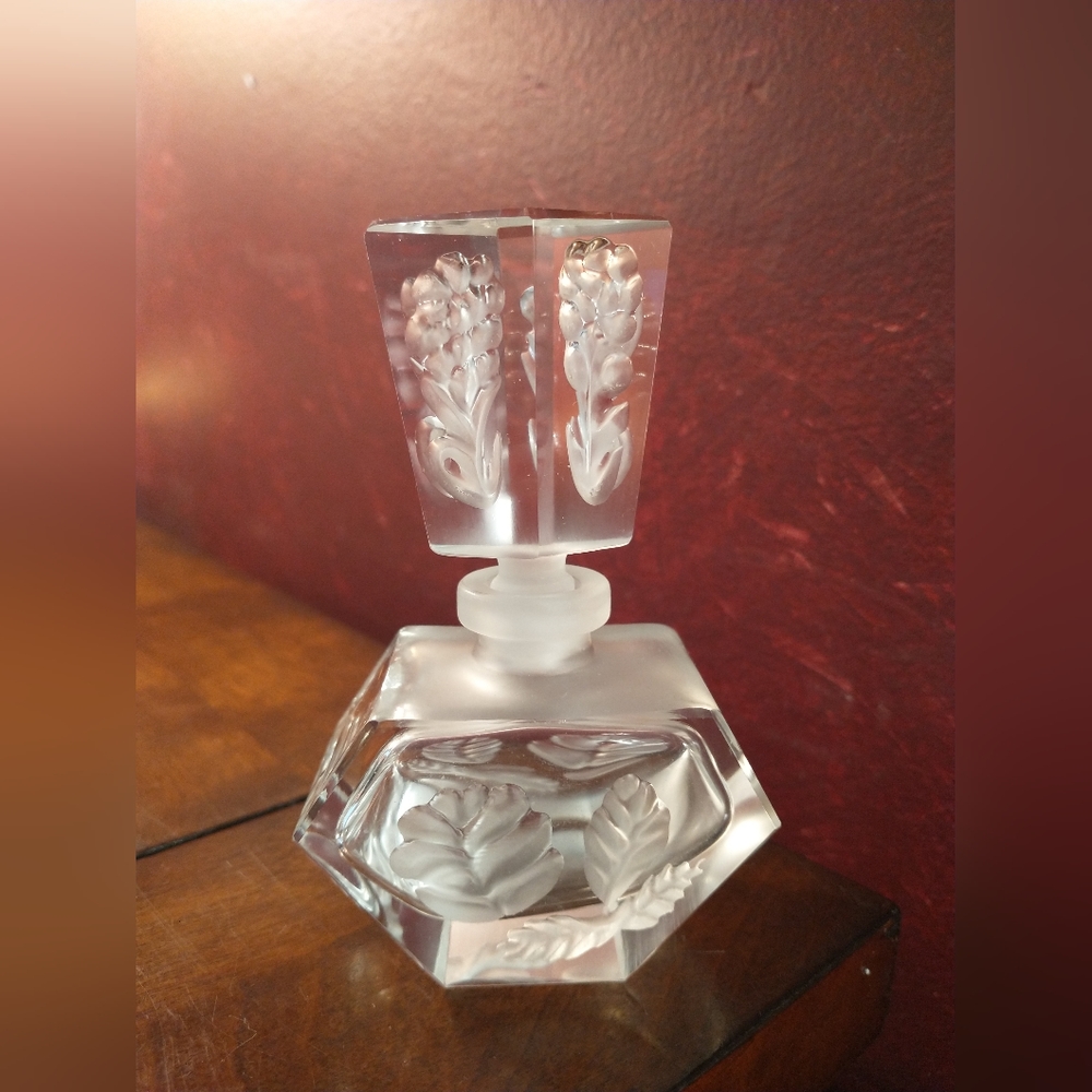 Vintage 4" Carved Czech Clear & Frosted Glass Perfume Bottle